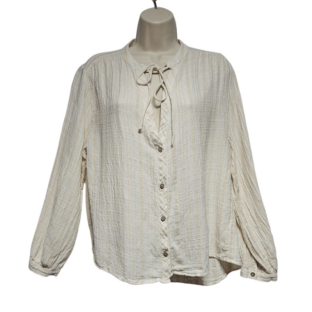 Zara‎ Women's SZ M cream Tan Stripe Beachy Top Linen Preppy Coastal
